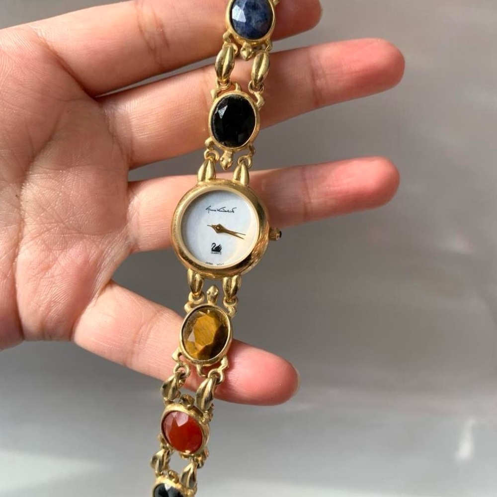 Multi color Gemstone Watch with White Dial